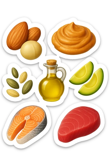 EMOJI STILE IPHONE DI
Frutta secca (mandorle, noci macadamia)
Burro di frutta secca (es. burro di arachidi)
Avocado (in piccole porzioni)
Semi
Olio extravergine d’oliva
Pesce grasso (salmone, tonno)
, fluttuano in aria REALISTICA 4K sticker
