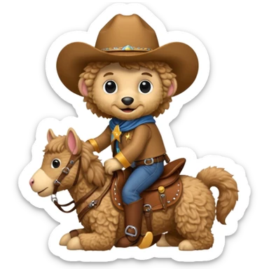 Mini golden doodle wearing a saddle with a finger monkey on its back wearing a cowboy costume sticker