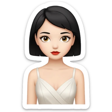 a short black hair girl with elegant white dress, wearing makeup sticker