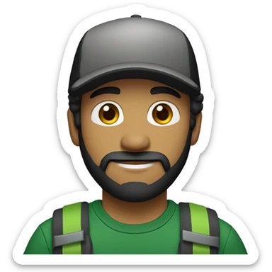 brown man with a dark beard, dark eyes, dark green t-shirt and a black cap sticker