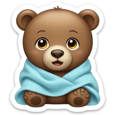 cute baby brown bear with a light blue blanket sticker