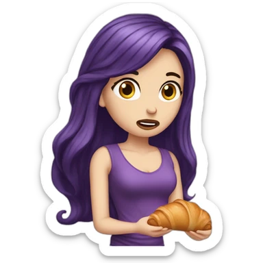 white girl long deep purple hair upset eating croissant sticker