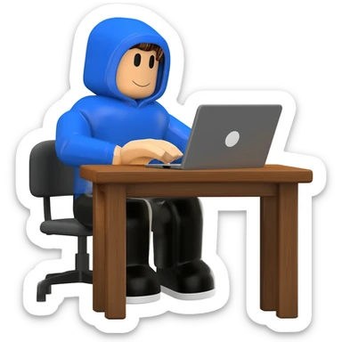 Genera un personaje de roblox de cuerpo completo sentado en un escritorio con una computadora sticker