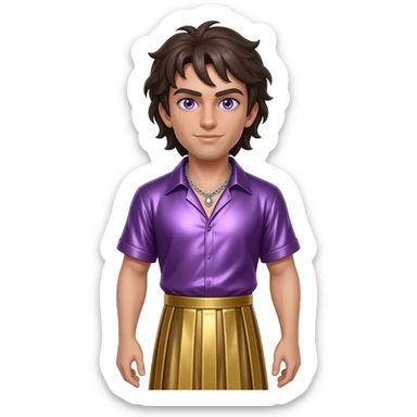 Dionysus from Greek Mythology with purple eyes, dark brown hair, purple metallic shirt, gold metallic long skirt, silver necklace sticker