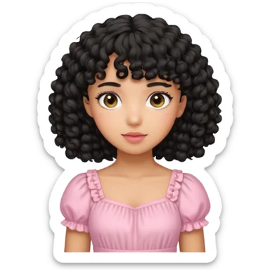 uma menina fofa de pele oliva e cabelos pretos encaracolados e com franja encaracolada e um vestido rosa pastel sticker