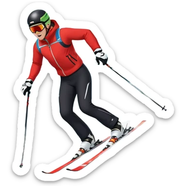 An icon featuring snowy peaks, pine trees, and a picturesque mountain landscape with a skier racing down a snow-covered slope. The sky is blue with soft clouds, capturing the thrill and beauty of alpine skiing. Transparent background highlights the excitement and serenity of winter sports. sticker