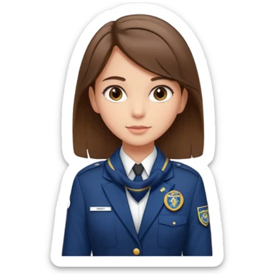 Young girl, straight hair, wearing uniform jacket with hotel name badge, tasteful scarf, stand behind the desk sticker