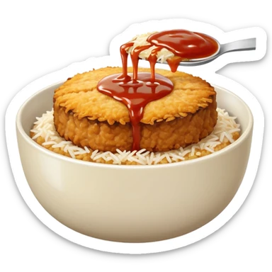 katsudon in a bowl: bowl filled with rice, a bit of sauce over the rice and a breaded pork cutlet sticker