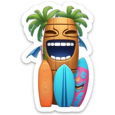 Blue and orange tiki smiling with surfboard and Blue and pink tiki singing with mikrophone sticker