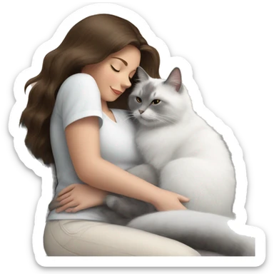 Fluffy white and gray cat sitting on brunette lady’s nap lovingly sticker