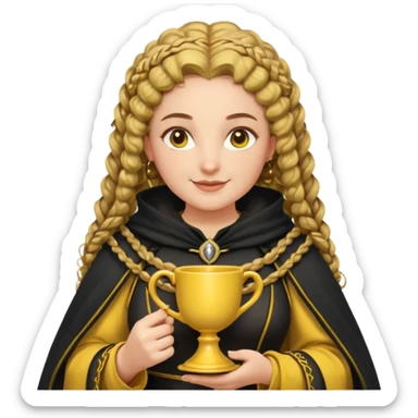 Helga Hufflepuff, 2 curly thick brown braids, yellow-black medieval dress, black cloak decorated with gold braiding, tiny two-handled shiny yellow-gold cup, very kind smile, curvy busty sweet woman, thick rosy cheeks sticker