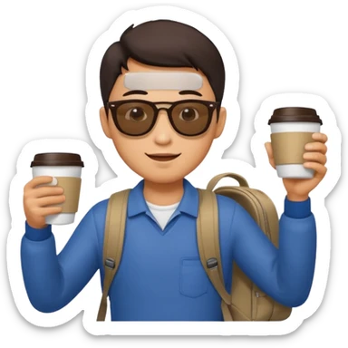 An asian man wearing sunglasses and carrying a backpack, holding a cup of coffee and waving his hand (in greeting) sticker