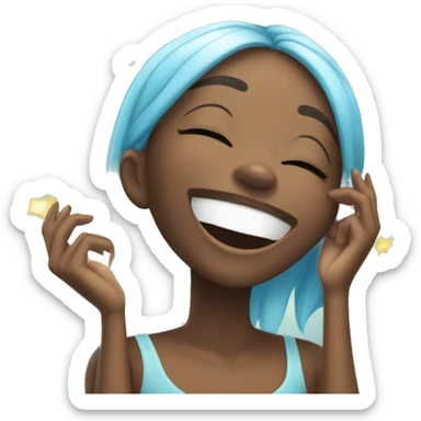 A cute, cheerful black girl laughing, covering her mouth and eyes closed in joy, surrounded by light blue sparkles sticker
