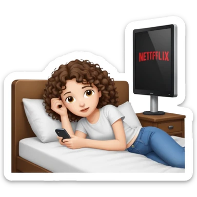 A girl, brunette with curly hair down to her shoulders, watching TV. Have her lie down on the bed, and put on Netflix on the TV. She walks by with her back to the camera, looking at the TV. sticker