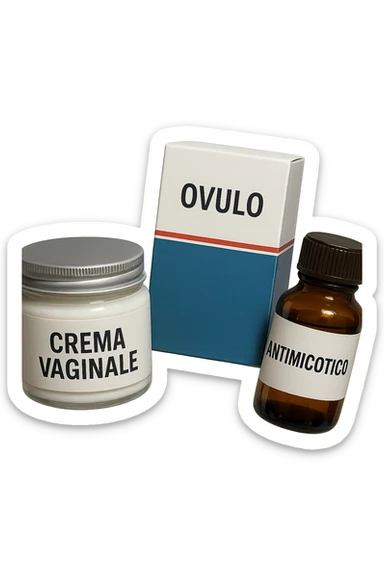 un barattolo di crema con la scritta "crema va**ale", una scatola con farmaco con la scritta "ovulo", un barattolo di farmaco con la scritta "antimicotico" in italiano sulle etichette, fluttuano in aria, IPERREALISTICO 4K sticker