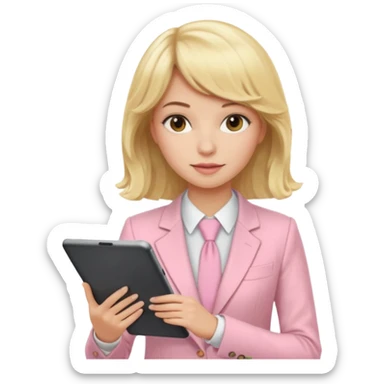 Longe blonde wavy hair lady with a strait fringe and a light pink suit working in a tablet sticker