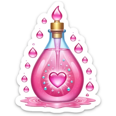 Pink teardrop-shaped glass bottle with rounded pump, glowing with iridescent light. Surrounded by sparkling dew drops, soft heart-shaped flares, and floating. Emits a radiant pink aura that glows like sunrise on skin. Feels like a glamour spell bottled into a juicy, glossy emoji flask. sticker