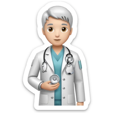 medical robot wearing a white coat and a stethoscope sticker