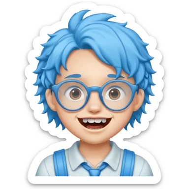 kid with teeth braces bunny eared blue haired curly big teeth and glassess sticker