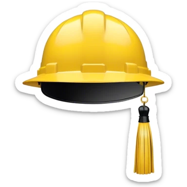 A bright yellow hard hat, viewed from the front, with a small black tassel hanging from the center, combining the look of a construction helmet with a graduation cap. The helmet has visible ridges for reinforcement, a slightly glossy finish, and a sturdy design. The tassel drapes down slightly to the right, adding a formal academic touch. The background is plain white. sticker