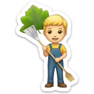 white kid holding a rake with leaves sticker