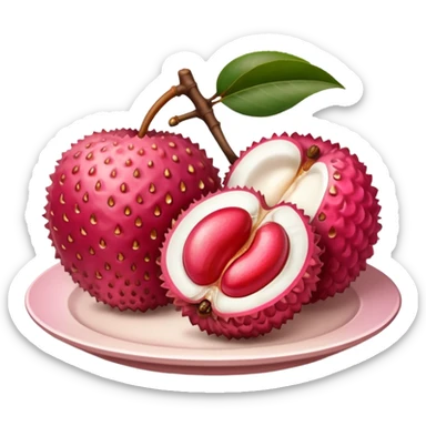 one whole lychee with rough, bumpy pink-red skin and a second one peeled open to show glossy white flesh and smooth brown seed inside, juicy translucent texture, soft lighting, subtle shadows, subtle highlights, no leaves, plate, or extras, apple emoji style, emoji scale sticker