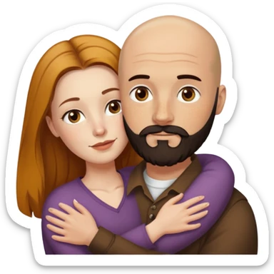 Couple. Bald man with dark brown-black beard. White woman with many small, faded freckles, she has white skin and she has auburn-yellow-brown-cinnamon, dark long hair. She has light brown eyes. The man have hazel eyes. Retro style. They hug. sticker
