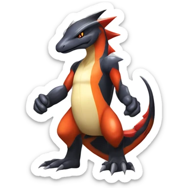 Black, Red, Orange, Beige, Modern, Cool, Edgy, Badass Punk-style Garchomp-Charmeleon-Sergal Fakémon-Digimon with sharp edgy striking detailed stripe-markings,  full body sticker