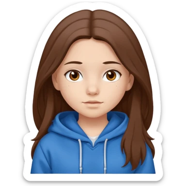 teen girl, white skin, long brown hair middle parted, brown eyes, blue hoodie sticker
