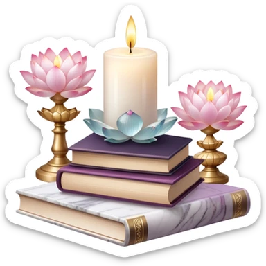 Aesthetic candles, flower petals, books, marble stand, crystal stones, lotus, feathers, zen, decoration, meditation,  sticker