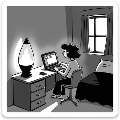 A bedroom lit by a lava lamp and an open laptop running early 2000s MSN Messenger

 sticker
