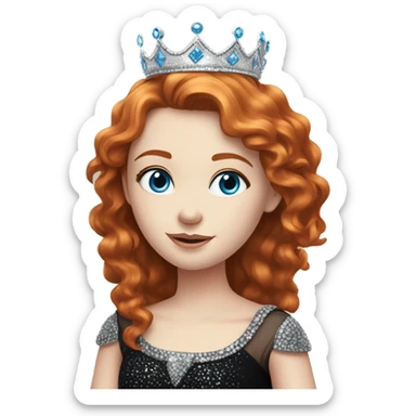 Beautiful girl with redhair, pale skin and bright blue eyes. She wears a sparkly black dress and a silver crown  sticker