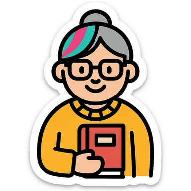 Gen Z style librarian granny with colorful hair streaks, trendy glasses, oversized sweater, holding a book, color outline icon sticker