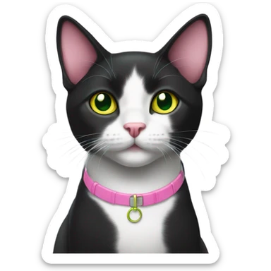 full body black shorthair cat with pink ears on the inside and eyes that are green around the pupil and yellow around the green collar sticker