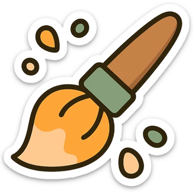 A cute and whimsical artist's paintbrush with a soft and cozy design, featuring a warm color palette: golden orange (FA9B41), deep forest green (4A7C5C), muted taupe brown (96775A), and pastel peach (FFCC9A). The brush has a delicate wooden handle in muted brown, with the bristles slightly fanned out, holding a touch of paint in shades of peach and orange. The tip of the brush is dipped in a soft golden hue, and tiny splashes of paint in the palette’s colors are gently scattered around. The overall mood is playful, artistic, and charming, evoking a sense of creativity and warmth. sticker