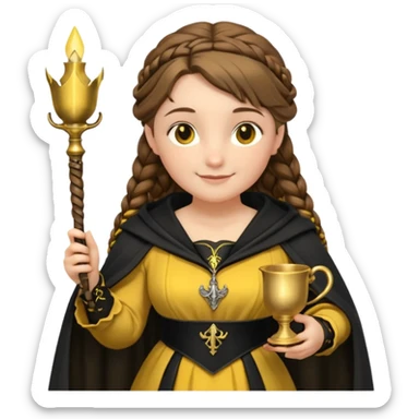 Helga Hufflepuff,the Hogwarts founder of Hufflepuff,brown-haired,2braids,yellow-black medieval dress with black cloak decorated with gold braiding,flickering magic wand and tiny two-handled shiny gold cup engraved with the badger silhouette,very kind smile,curvy busty sweet  sticker