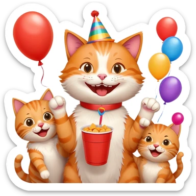 cat laughing with friends, surrounded by balloons and snacks, college party scene sticker