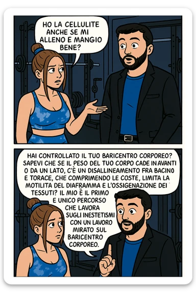 TRASFORMA QUESTO CAROSELLO IN UN FUMETTO CON QUESTE DUE PERSONE IDENTICHE CHE INTERLOQUISCONO TRA LORO:

LEI: Ho la cellulite anche se mi alleno e mangio bene, cosa posso fare?

LUI: Hai controllato il tuo baricentro corporeo?
Sapevi che se il peso del tuo corpo cade in avanti o da un lato, c’è un disallineamento fra bacino e torace, che comprimendo le coste, limita la motilità del diaframma e l’ossigenazione dei tessuti?
Il mio è il primo e unico percorso che lavora sugli inestetismi con un lavoro mirato sul baricentro corporeo. sticker