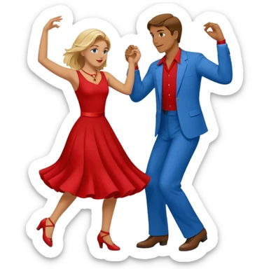Two people. Man  wearing all red  with brown hair. Women iall blue with blond hair. Swing Dancing.  sticker