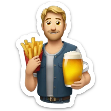 belgian man holding fries and a beer sticker