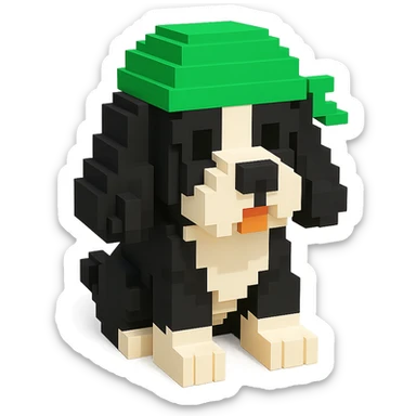 A black and white Russian Cocker Spaniel puppy wearing a green durag, voxel style, sitting sticker