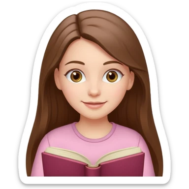 happy white long brunette hair girl with hazel eyes wearing light pink reading a book  sticker