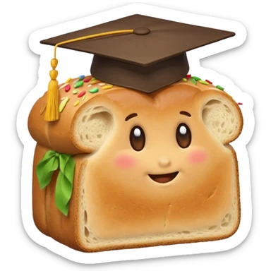 a loaf of bread wearing a graduation cap sticker