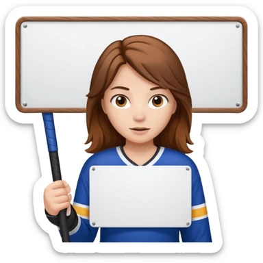 Girl hockey fan with brown long hair holding a large blank sign sticker