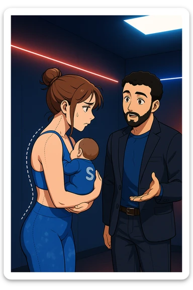 ispirati a questo stile di disegno e fai questa immagine in versione manga/webtoon a colori, il manga mostra la donna preoccupata di profilo con la postura sbagliata e incurvata, spalle chiuse e curve in avanti, con un neonato in braccio con una tutina azzurra e la scritta "S" sulla schiena, spina dorsale storta della donna in evidenza mentre ascolta l'uomo mentre l'uomo gli sta spiegando una cosa, ma non fare i fumetti, fai come se stessero parlando sticker