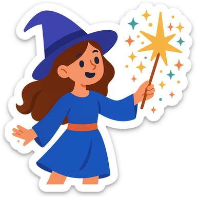brunette girl witch, casting a spell, sparkles and stars around her, whimsical style sticker