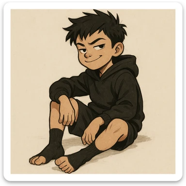boy kid sitting in a ring sitting pose, wearing a black hoodie with hood off, smirking expression, black crew socks, black messy hair, black basketball shorts, toes curled sticker