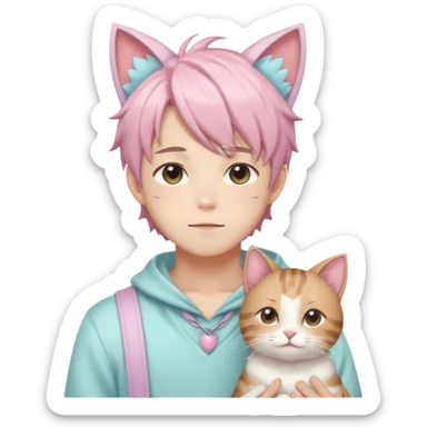 Shiny Blushing Cute Kawaii Beautiful Shota Anime Man with Cat Ears Trending Style Cottagecore Pastelcore  sticker
