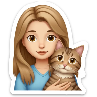A girl holding a long-haired tabby cat and a tabby cat sticker
