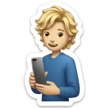 a 13-year-old guy with a curtain hairstyle and blond hair, holding a phone in his hands sticker